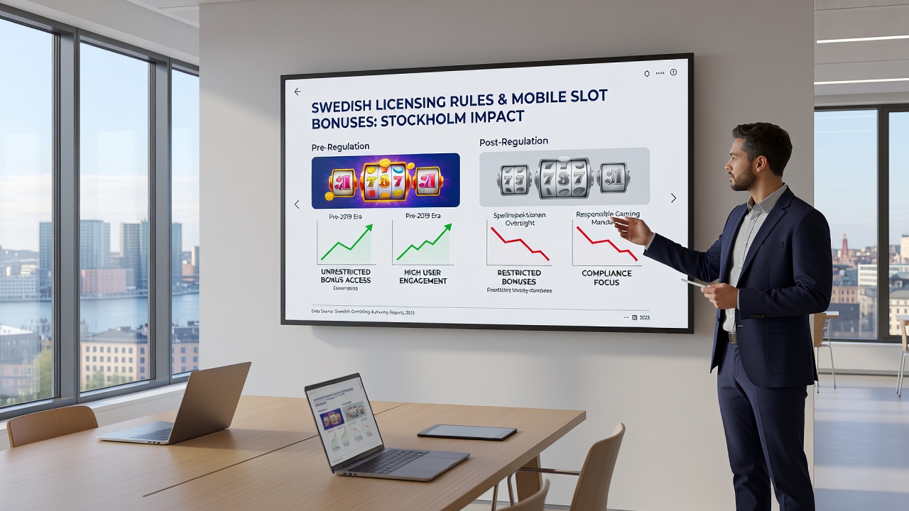 Mobile slot game interface with bonus notification overlay on a Stockholm skyline background